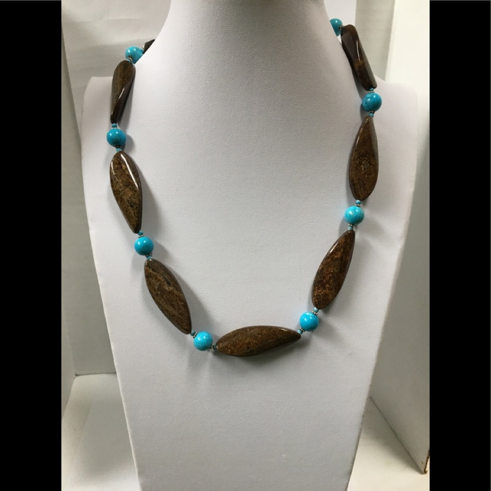 Elongated Bronzite Twist Beads with Turquoise